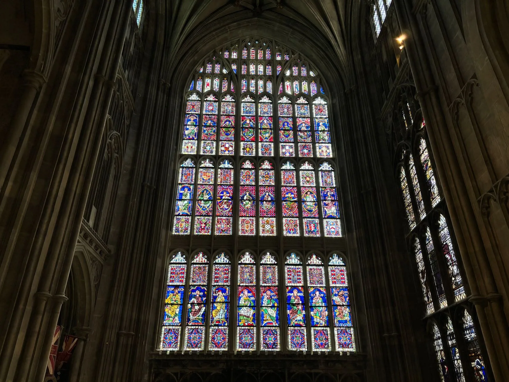 A stunning stained glass window in Canterbury Cathedral.
