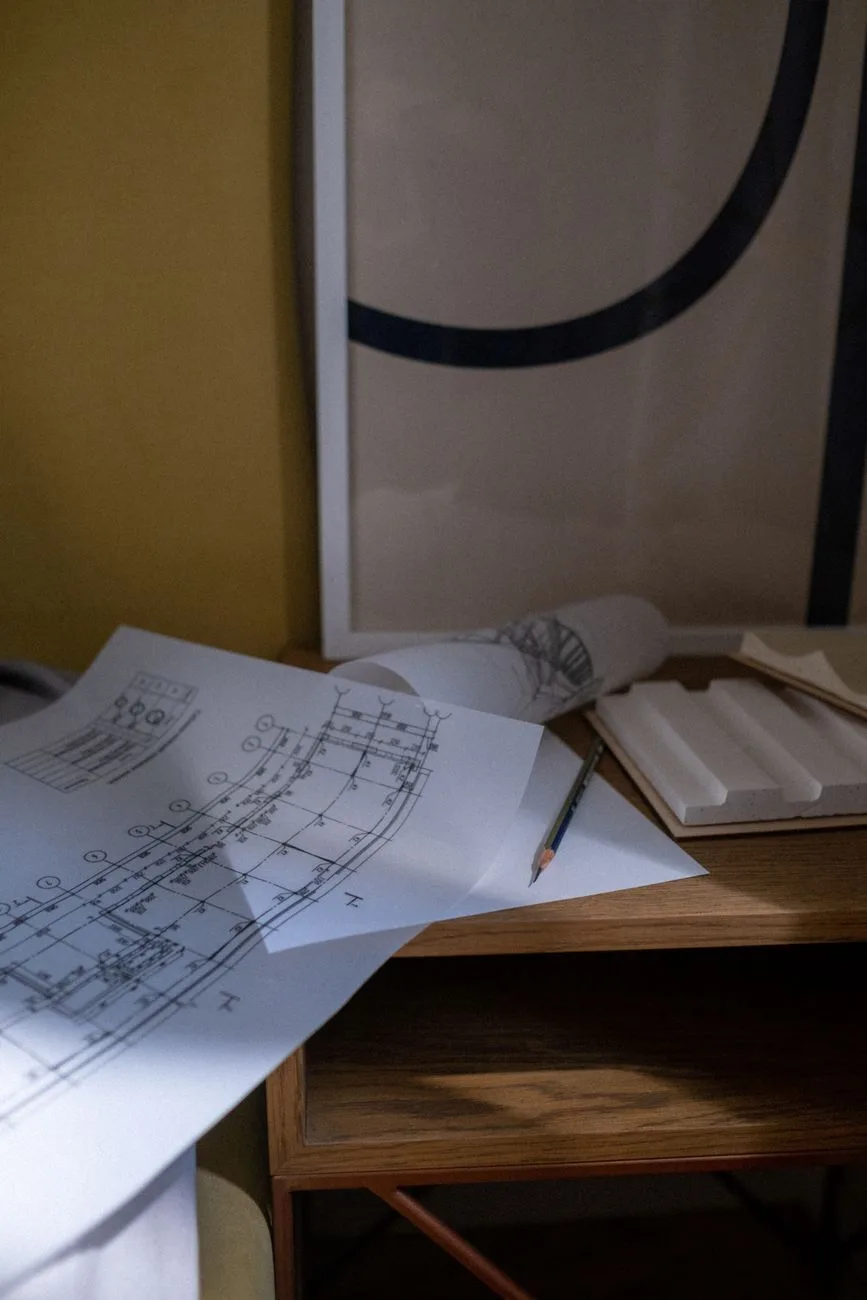 Architectural blueprints and a pencil on a wooden desk.