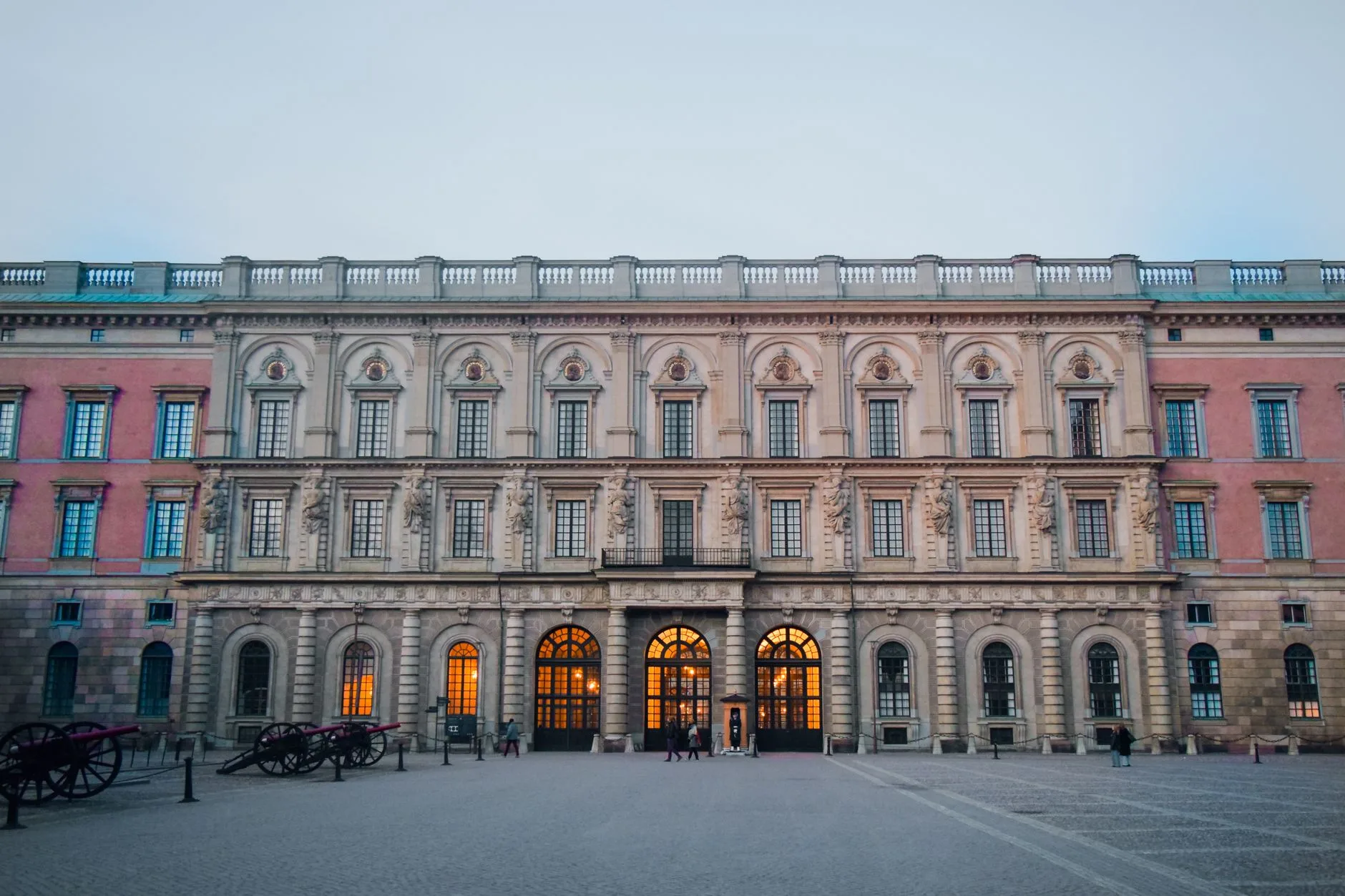 The elegant facade of Stockholm Palace at twilight.