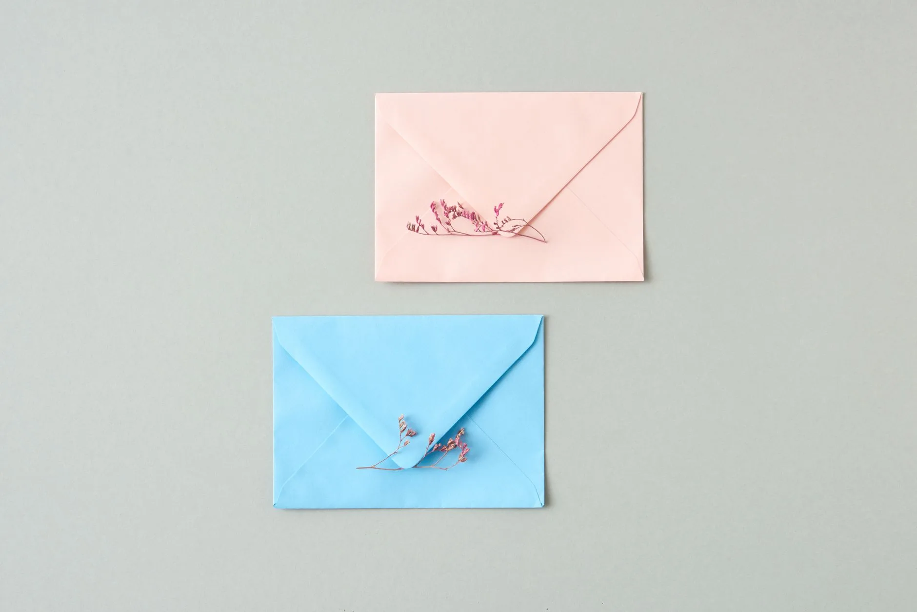 Minimalist stationery with pastel-colored envelopes and delicate flowers.