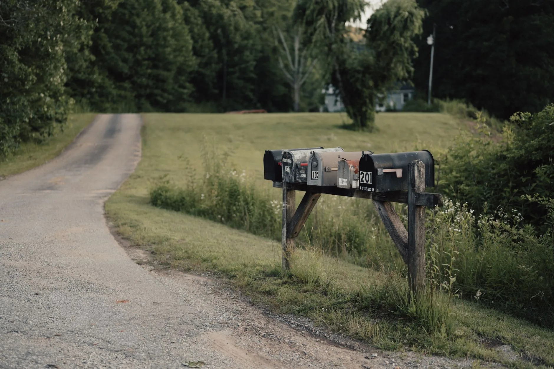 A scenic view of rustic mailboxes by a dirt road in the countryside.