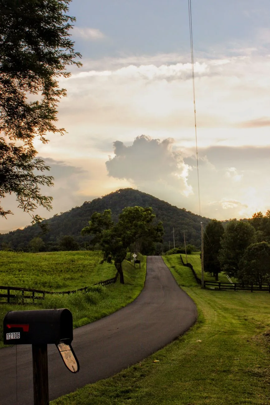 A peaceful country road with a mailbox, winding toward a distant hill.